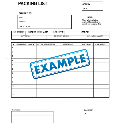 Example of a freight packing list