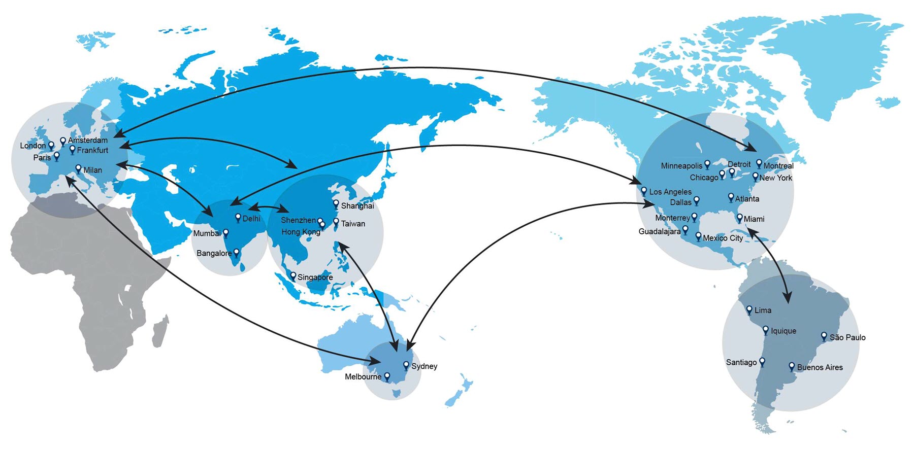 Mapa de los corredores principales de carga aérea de C.H. Robinson