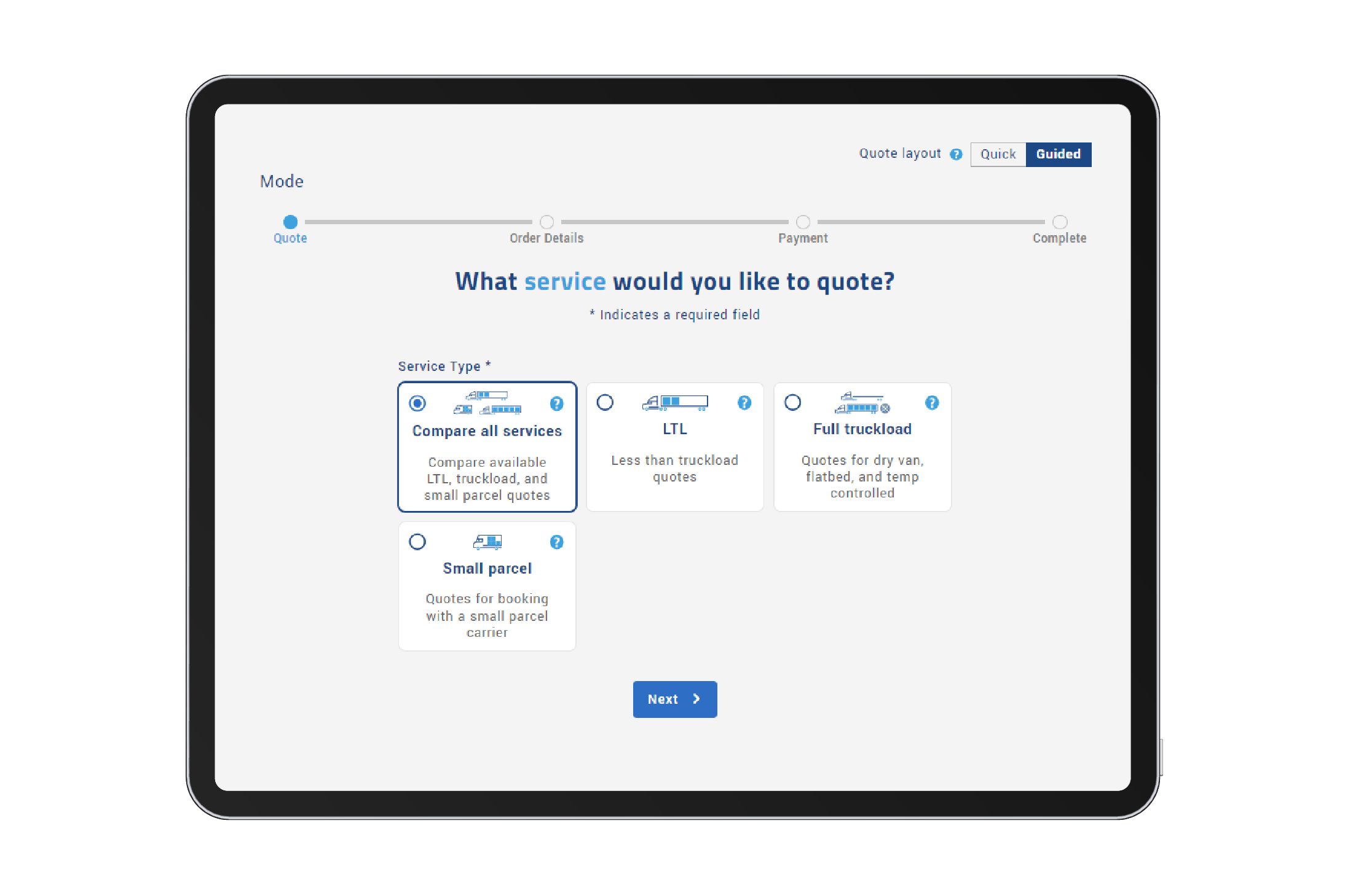 Freightquote tool - Online tool guided flow | Mode selection